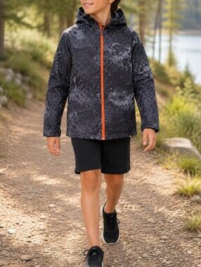 Quiksilver Kids Black Patterned Hooded Rain Jacket Orange Zip Lightweight